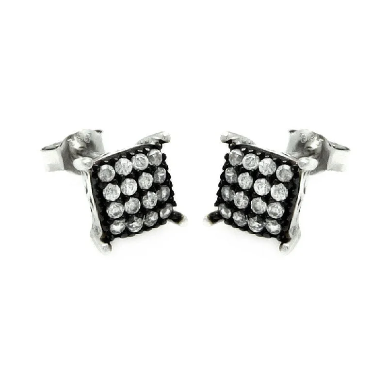 Ladies earrings elegant designs-Silver 925 Black and Rhodium Plated Square CZ Post Earrings - STE00893