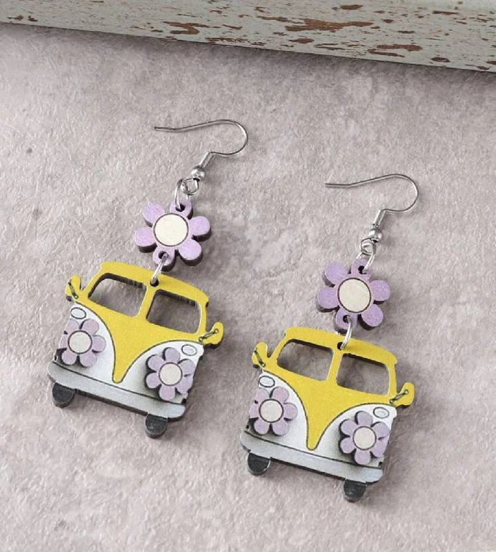 Ladies earrings elegant designs-Vintage Yellow and Purple Flower School Bus Earrings