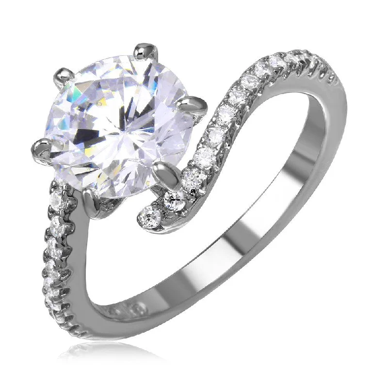 Ladies rings white gold-Silver 925 Rhodium Plated CZ Center Round Ring with Parallel Cubic Zirconia Stones - BGR01039