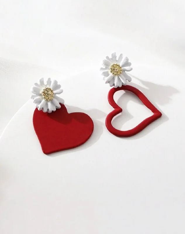 Ladies earrings standout designs-Red Heart and Daisy Earrings