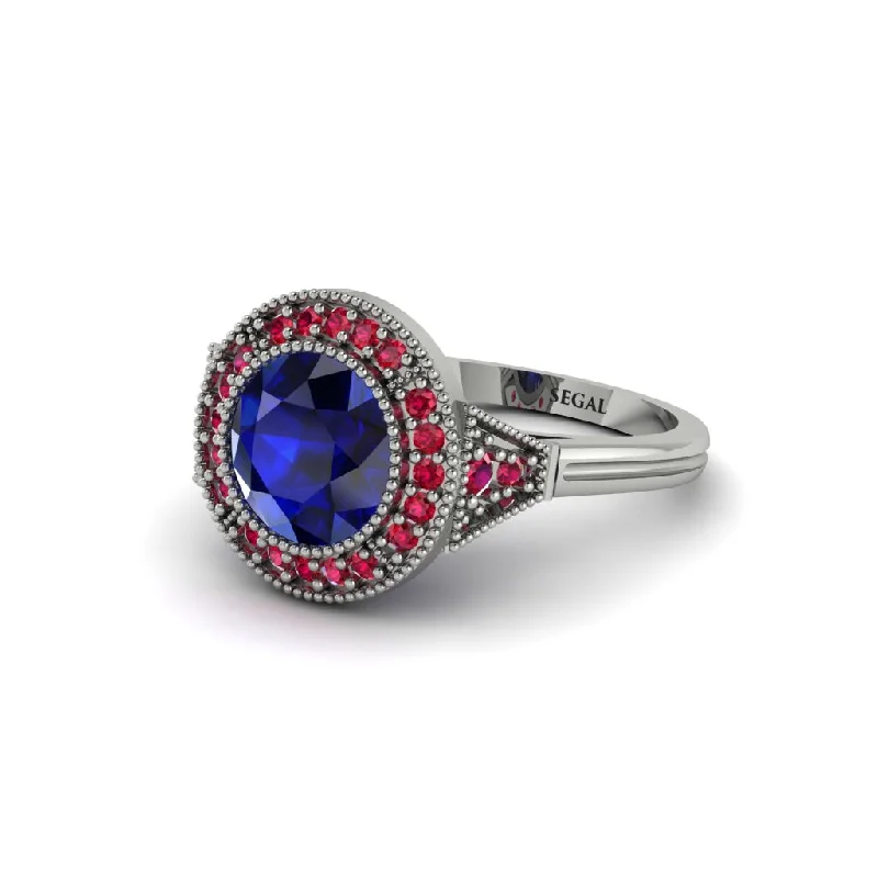 Ladies engagement rings solitaire stones-Round Cut Sapphire Milgrain Halo Engagement Ring - Maggie No. 60