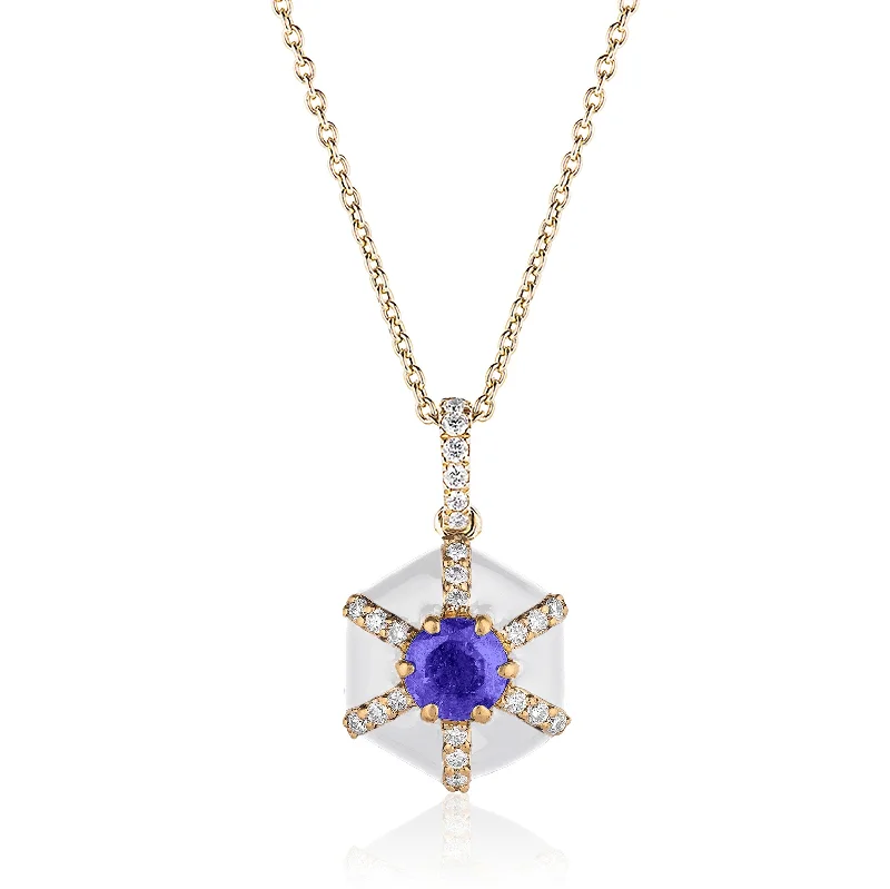 Ladies necklaces sister sets-Tanzanite Diamond Hexagon Pendant Necklace