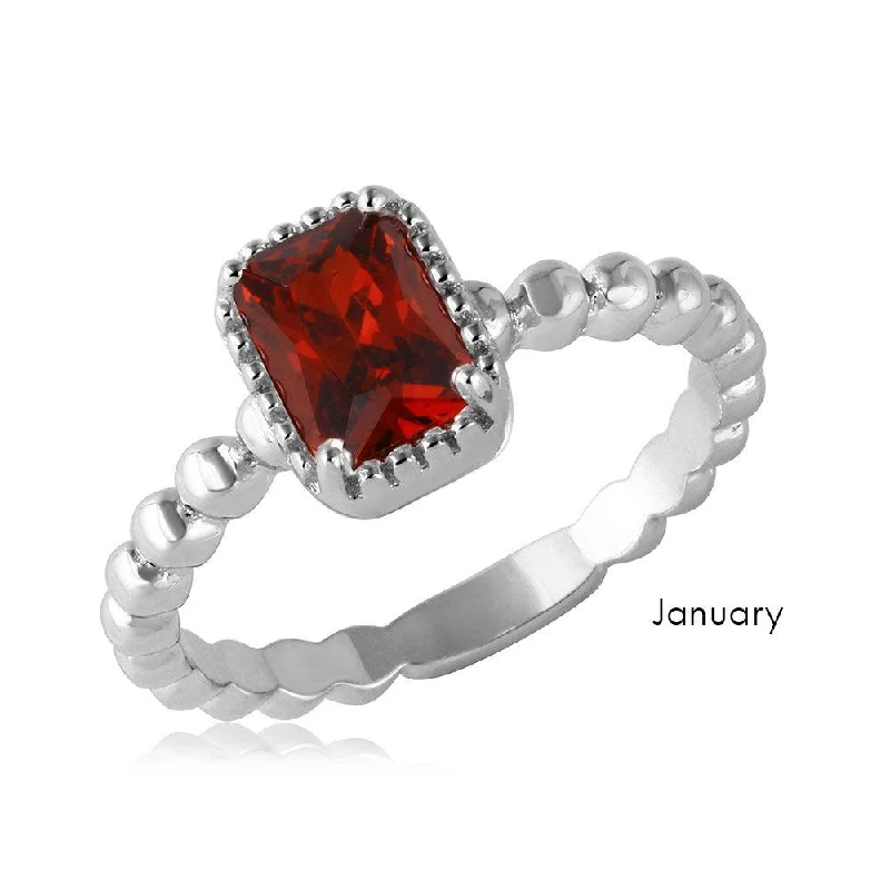 Ladies rings age suitability-January Sterling Silver 925 Rhodium Plated Beaded Shank Square Center Birthstone Ring - BGR01081JAN