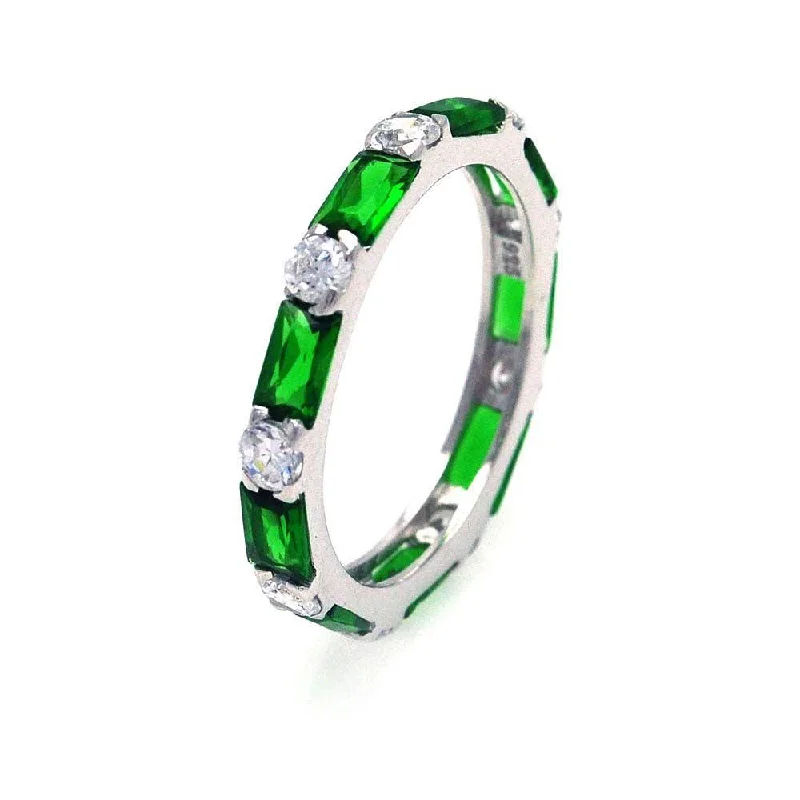 Ladies rings pure silver-Silver 925 Rhodium Plated Green Baguette Clear CZ Eternity Ring - STR00516GREEN