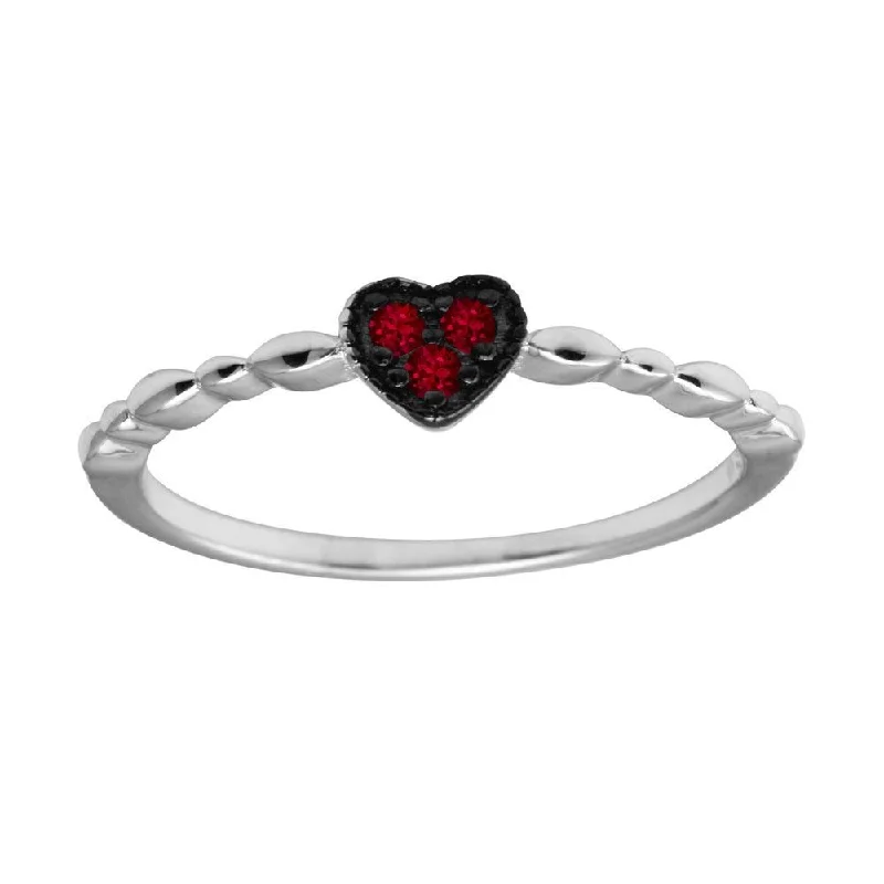 Ladies rings office styles-Rhodium Plated 925 Sterling Silver Heart 3 Red CZ Ring - BGR01227RED