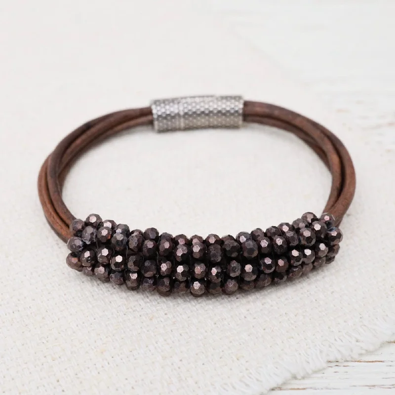 Ladies bracelets unique designs-Hand Stitched Port Crystals on Multi Strands Leather Bracelet