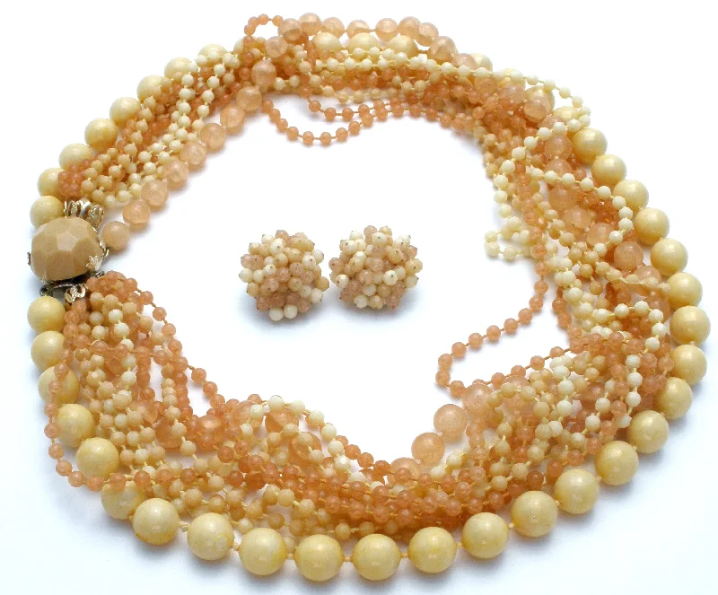 Ladies necklaces Valentine’s Day-Cream & Beige Multi Strand Bead Necklace Set Vintage