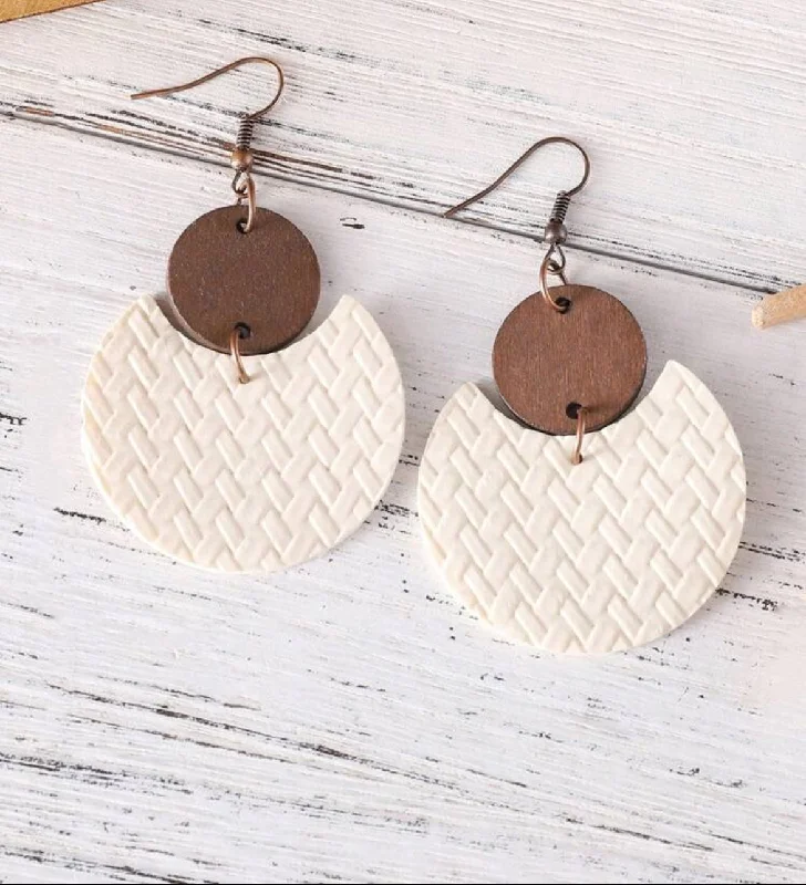 Ladies earrings sister sets-Beautiful Wood and Leather Cream Colored Drop Earrings