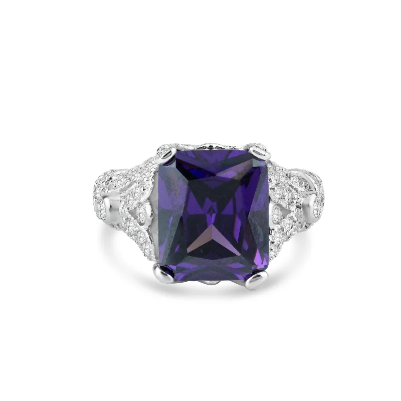 Ladies rings couple sets-Silver 925 Rhodium Plated Purple Square CZ Antique Ring - STR00567