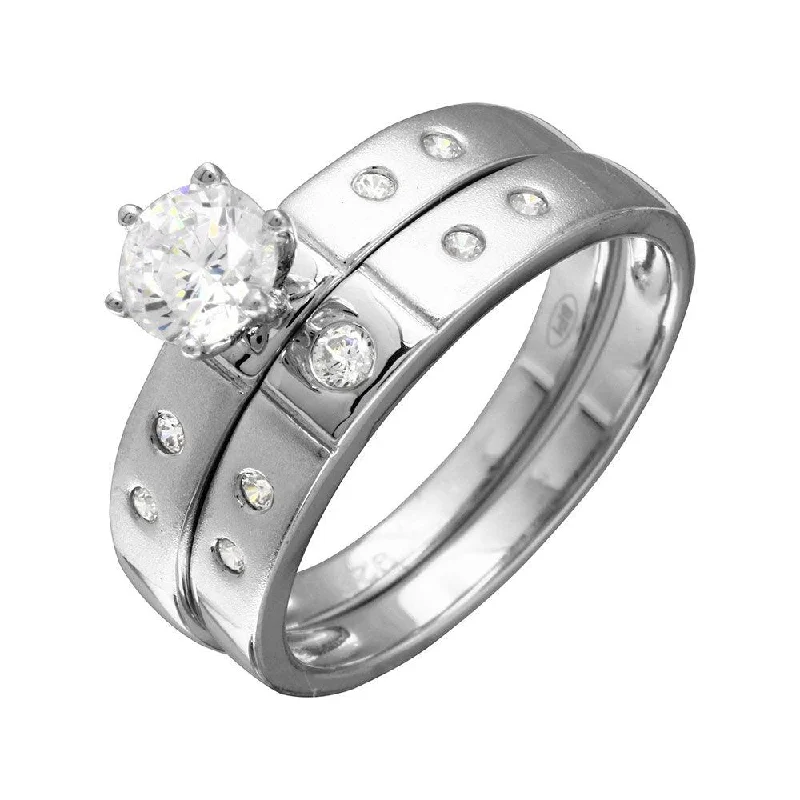 Ladies rings fashion picks-Half Matte Finish Rhodium Plated 925 Sterling Silver  CZ Trio Bridal Ring - GMR00142