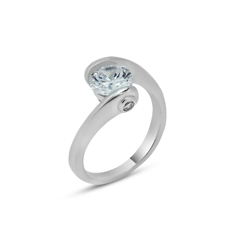 Ladies rings gold designs-Silver 925 Rhodium Plated Clear Round Center CZ Overlap Twist Ring - BGR00392