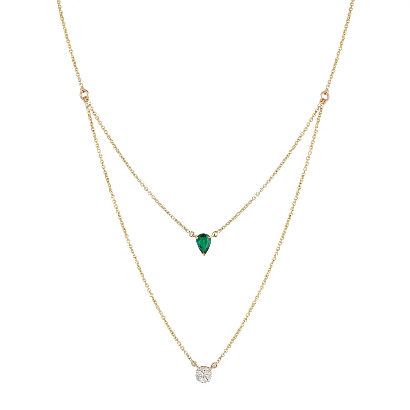 Ladies necklaces casual vibes-Emerald Diamond Duo Chain Pendant Necklace