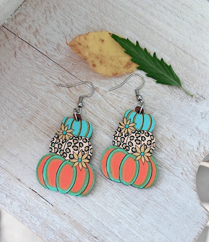 Ladies earrings youthful charm-Multicolored Wooden Stacked Pumpkin Earrings