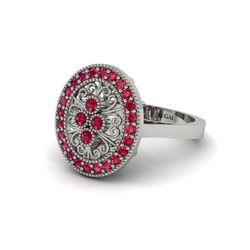 Ladies engagement rings store locations-Ruby Vintage Victorian Floral Halo Engagement Ring - Nina No. 57