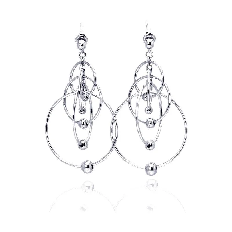 Ladies earrings luxury brands-Silver 925 Rhodium Plated Multiple Graduated Open Circles Hanging Ball Chandelier Hook Earrings - DSE00024