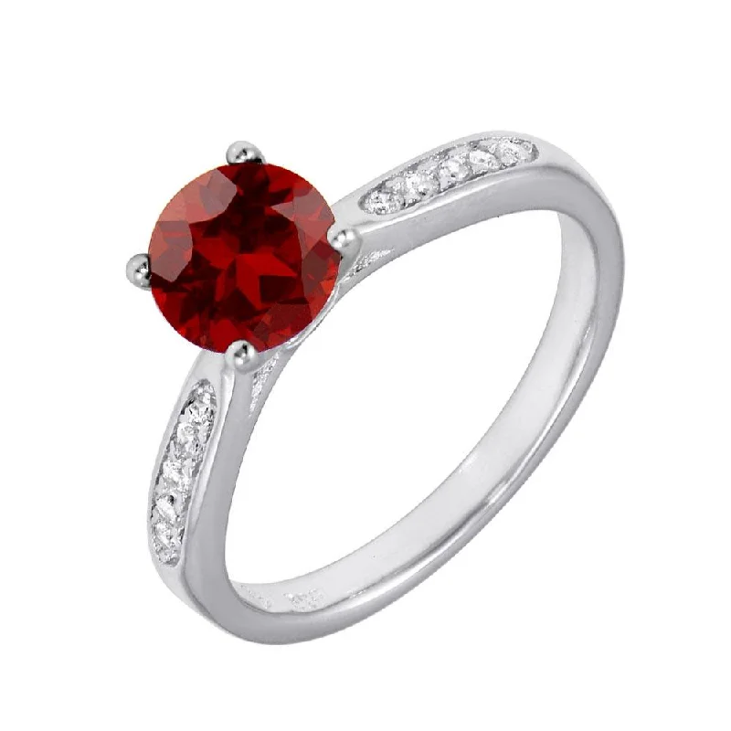 Ladies rings care tips-Rhodium Plated 925 Sterling Silver Round Red CZ Center Stone Ring - BGR01231RED