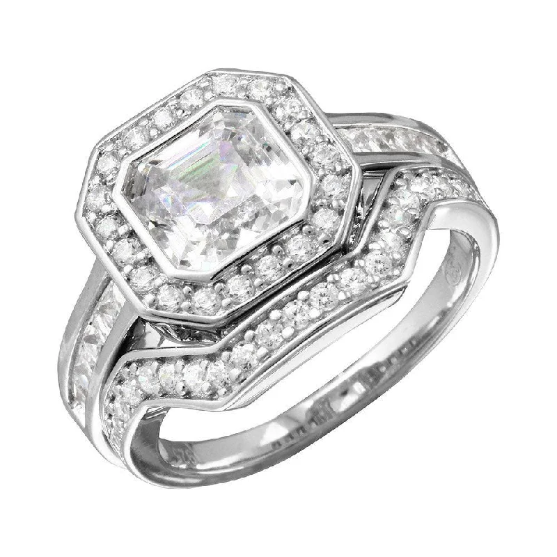 Ladies rings top brands-Rhodium Plated 925 Sterling Silver 2pcs CZ Square Center Bridal Ring - GMR00205