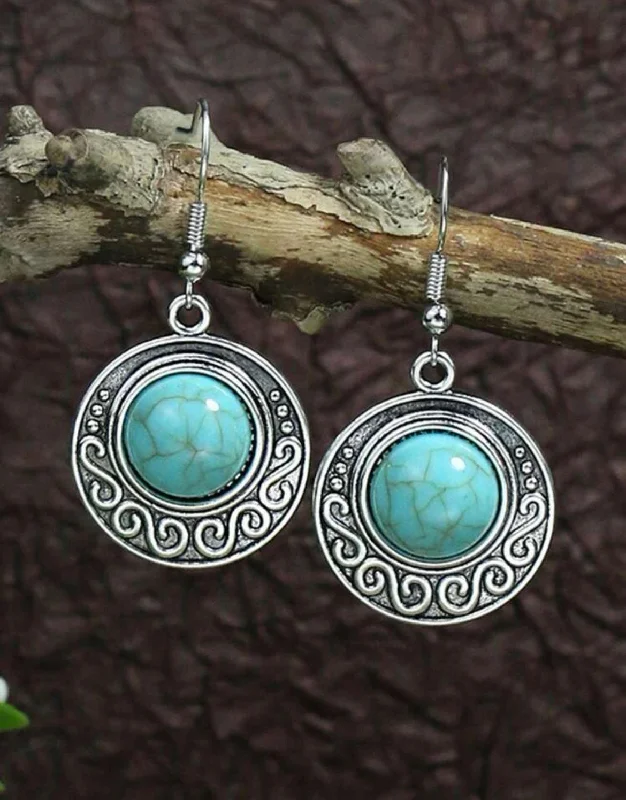 Ladies earrings heart shapes-Round Silver with Turquoise Stone Drop Earrings