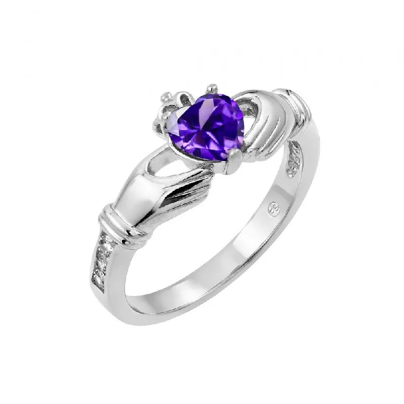 Ladies rings memory keepsakes-Silver 925 Rhodium Plated Purple Heart CZ Claddagh Ring - BGR00491PUR