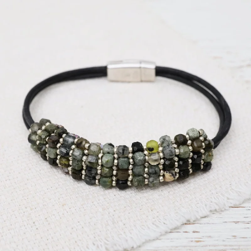 Ladies bracelets pearl details-Hand Stitched Prehnite Cubes & Tiny Silver Beads Leather Bracelet