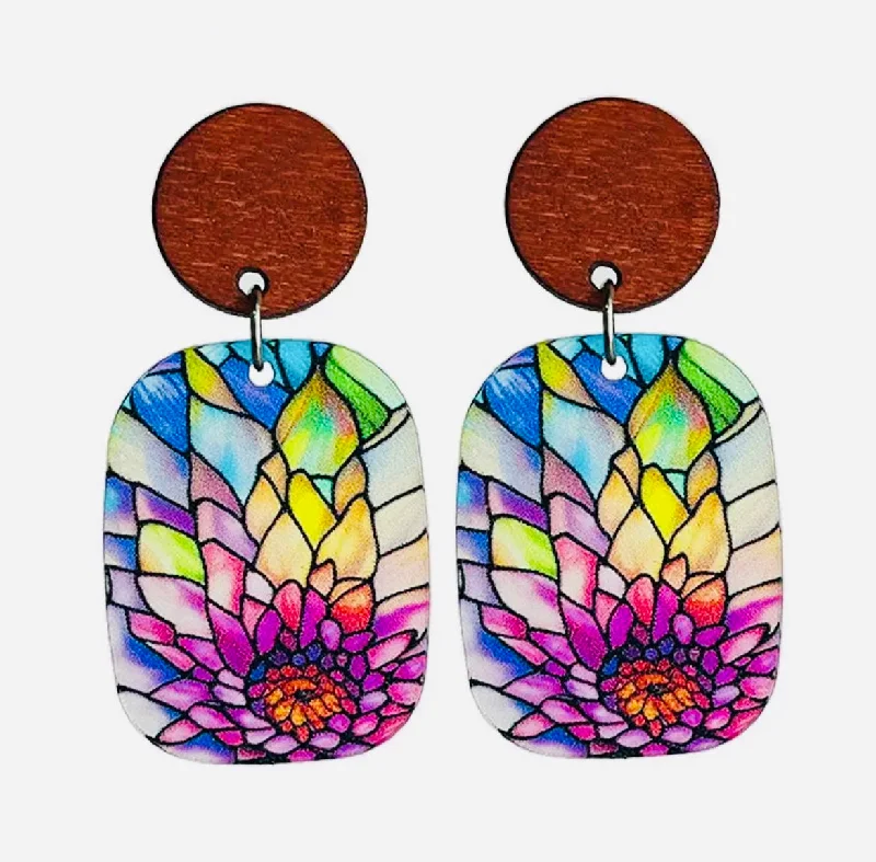 Ladies earrings discount deals-Beautiful Blooming Flower Stained Glass Acrylic Earrings