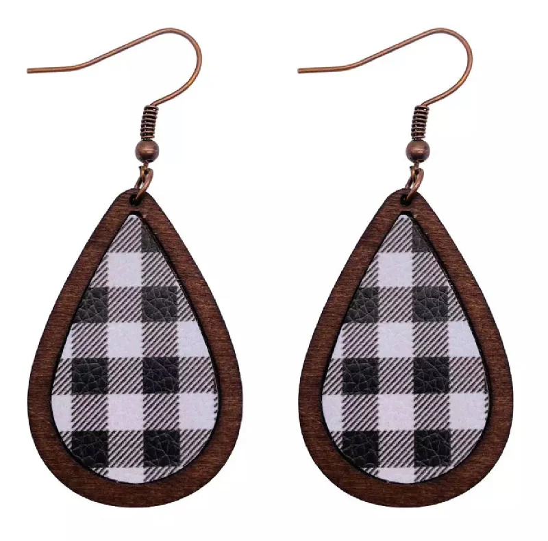 Ladies earrings luxurious looks-Black and White Plaid Wooden Drop Earrings