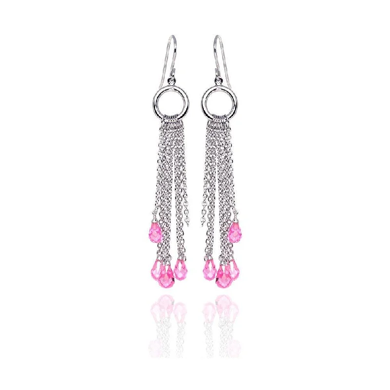 Ladies earrings latest styles-Clearance-Silver 925 Rhodium Plated Pink Tear Drop CZ Multi Wire Dangling Hook Earrings - STE00072