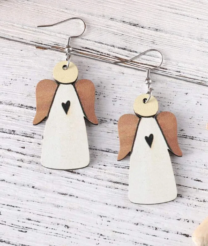 Ladies earrings European flair-Double Sided Wooden Angel Earrings