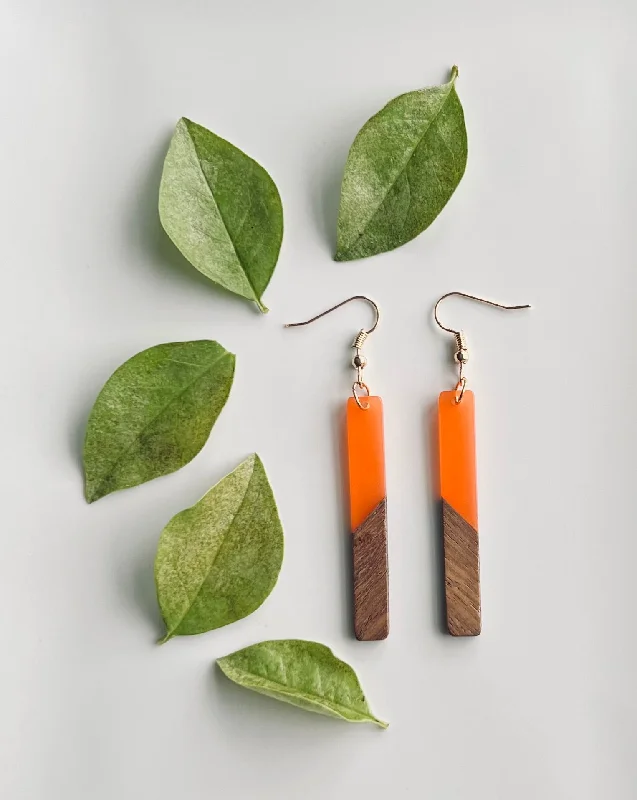 Ladies earrings personalized-Wood and Orange Resin Bar Earrings