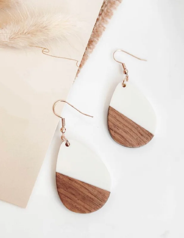 Ladies earrings hypoallergenic-Beautiful Wood and White Resin Teardrop Earrings