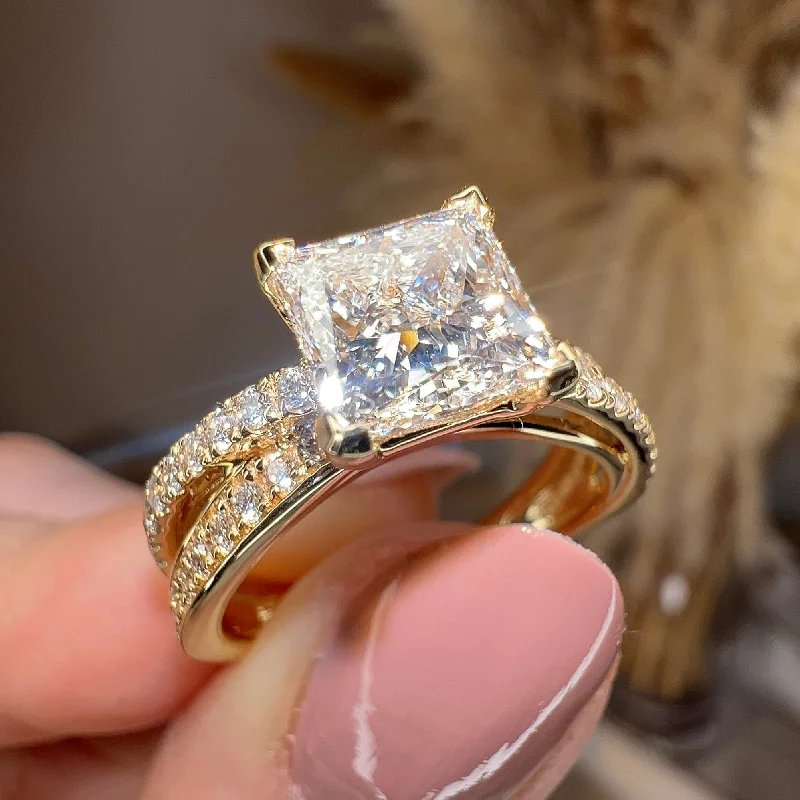 Ladies engagement rings gold bands-"Tori" 2 Carat Princess Cut Square Diamond Crossover Diamond Shoulder Engagement Ring