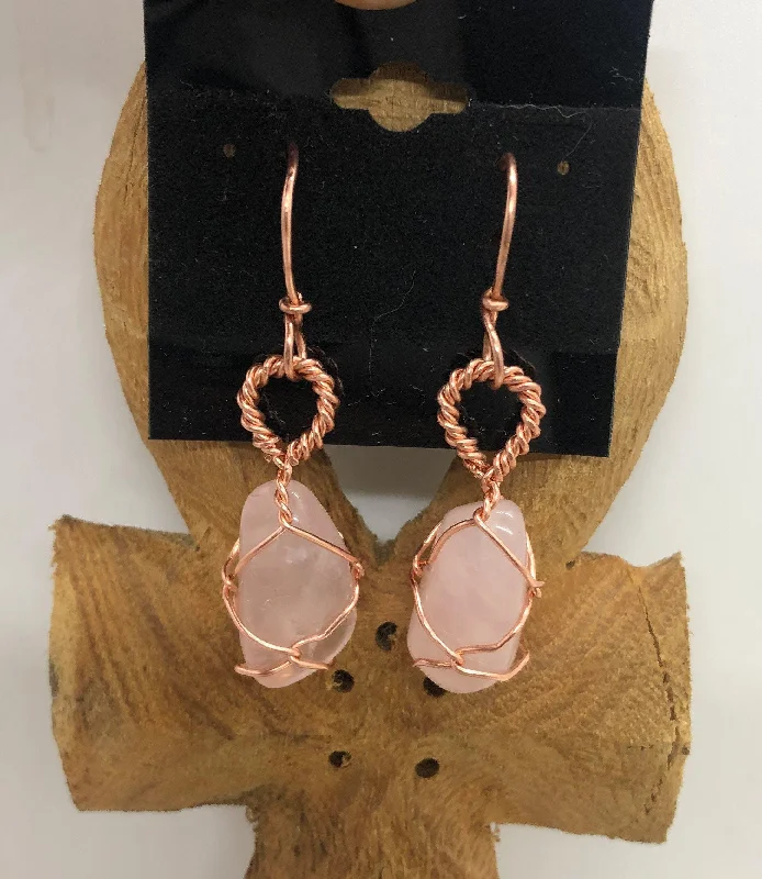 Ladies earrings girlfriend treats-Rose Quartz Copper Wirewrapped Earrings