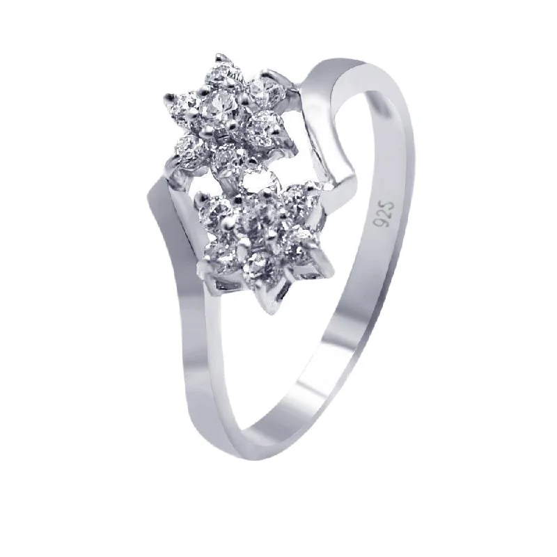 Ladies rings budget picks-Silver 925 Rhodium Plated CZ Double Flower Ring - AAR0065