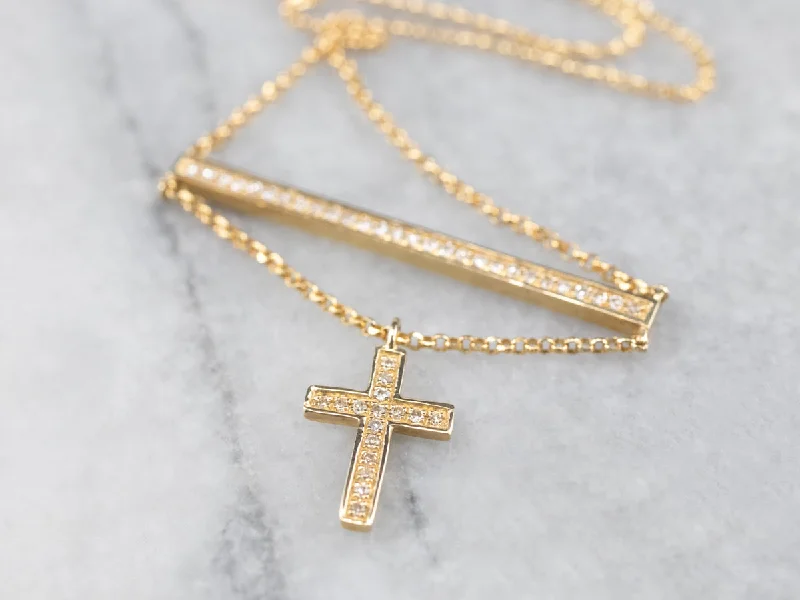 Ladies necklaces gothic appeal-Diamond Bar Necklace with Cross Charm