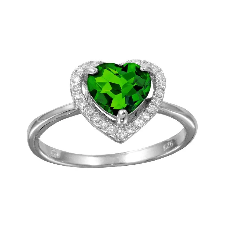 Ladies rings minimalist charm-Rhodium Plated 925 Sterling Silver Green Halo Heart Ring - BGR01139GRN