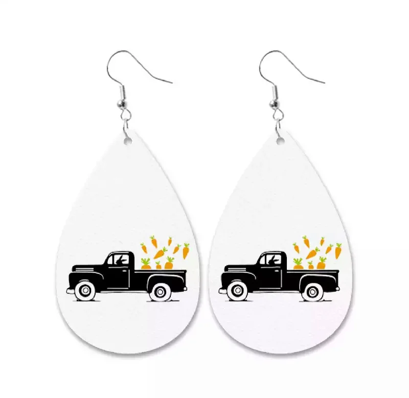 Ladies earrings mature styles-Cute Easter Leather Drop Earrings with Vintage Truck