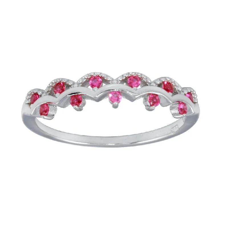 Ladies rings animal themes-Rhodium Plated 925 Sterling Silver Wavy Ring with Red CZ - BGR01239RED