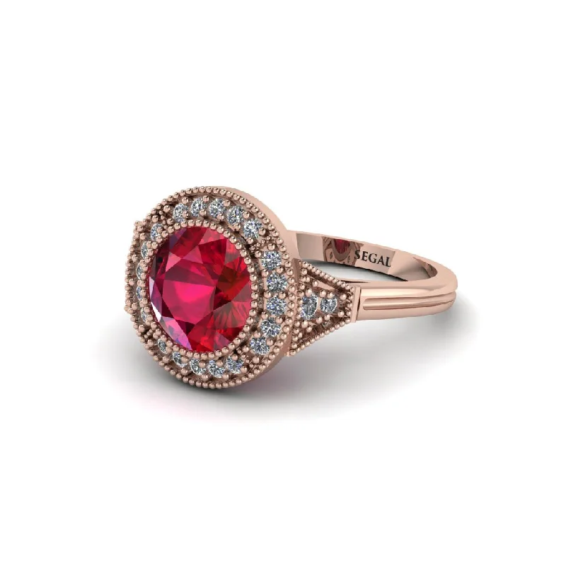 Ladies engagement rings twisted bands-Round Cut Ruby Milgrain Halo Engagement Ring - Maggie No. 11